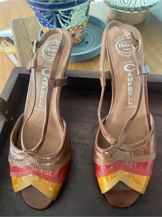 Jeffrey Campbell Shoes - Jeffrey Campbell Brown Leather Slingback Sandals with Red & Yellow Chevron